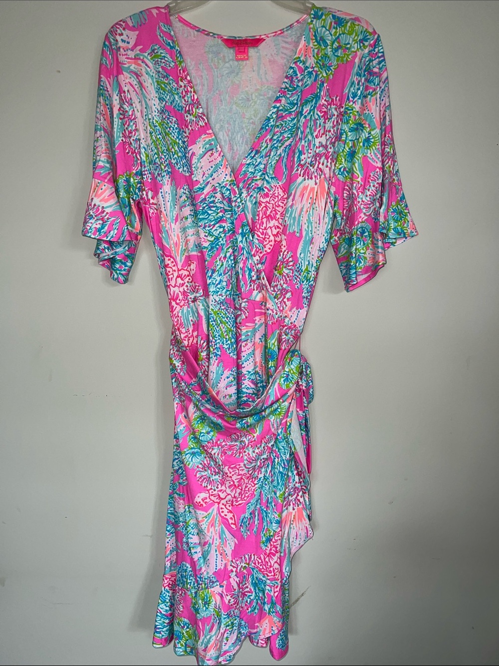 Lilly Pulitzer Pink Tropical Wrap Dress with Aqua & Green Accents L Large